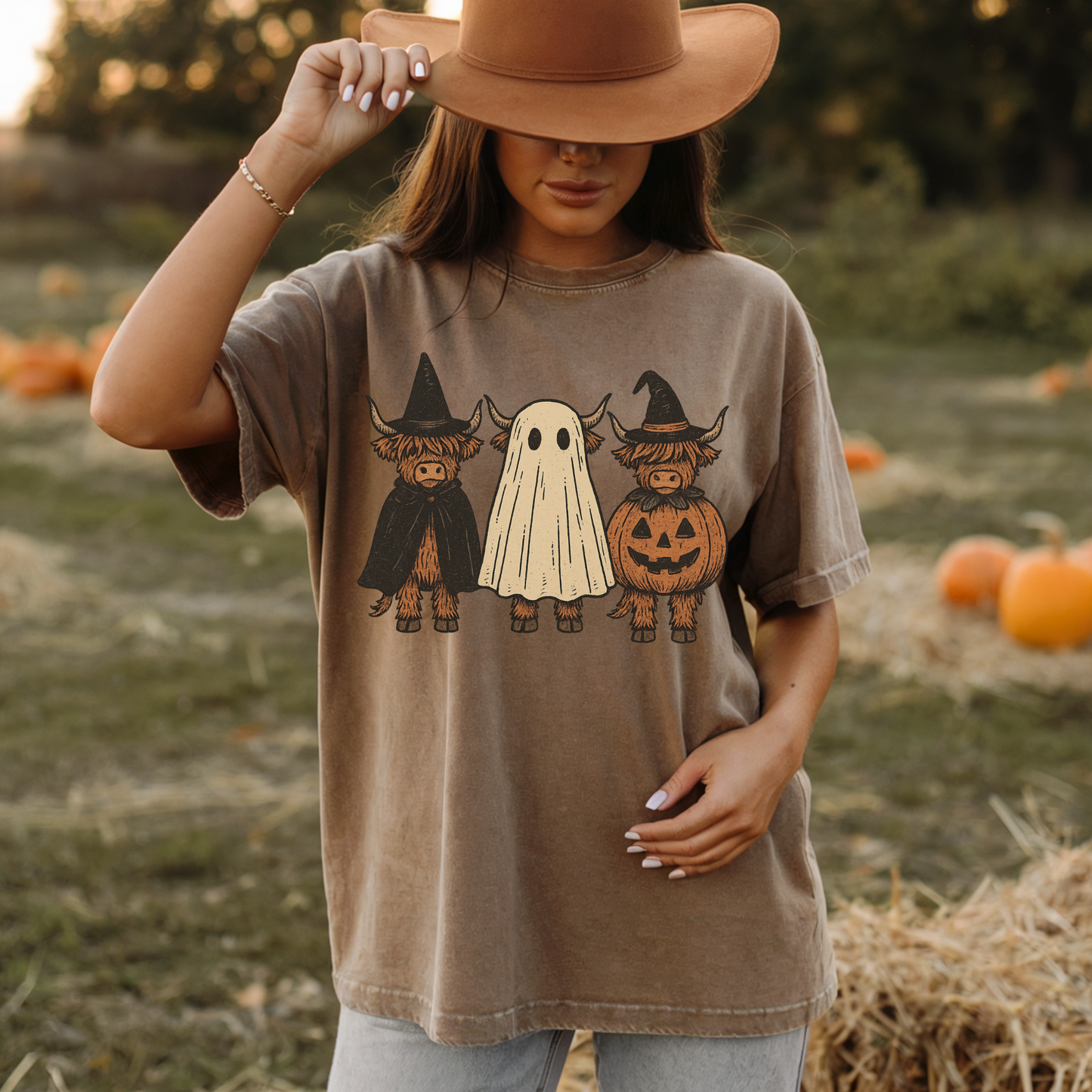 Highland Cow Halloween Shirt | Cute Ghost Pumpkin Fall Tee | Rustic Spooky Season Top