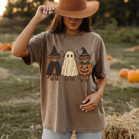 Highland Cow Halloween Shirt | Cute Ghost Pumpkin Fall Tee | Rustic Spooky Season Top