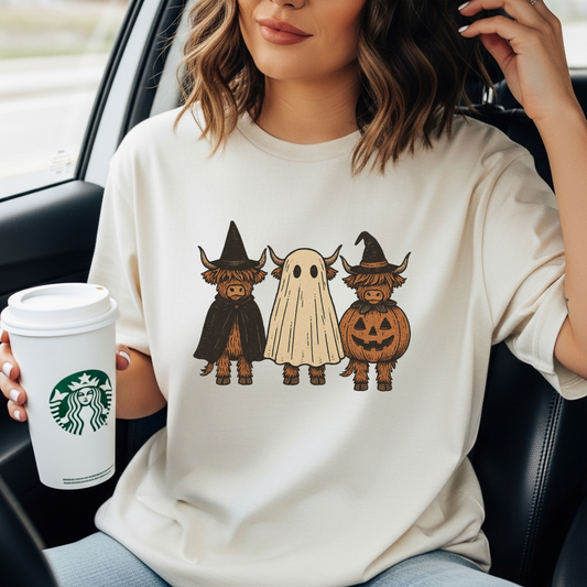 Highland Cow Halloween Shirt | Cute Ghost Pumpkin Fall Tee | Rustic Spooky Season Top