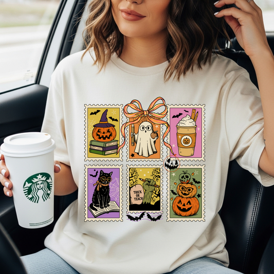 Spooky Stamp Halloween Shirt | Retro Fall Graphic Tee | Cute Ghost Pumpkin Latte Top
