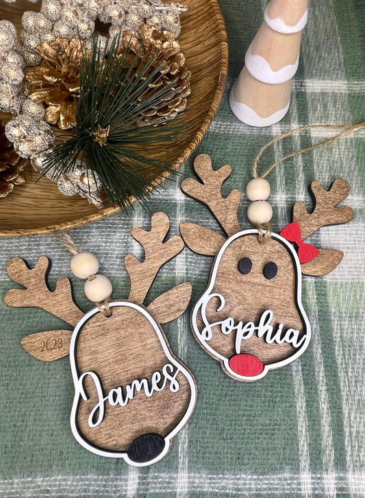 Personalized Reindeer Christmas Ornament, Stocking Tag, Gift Tag