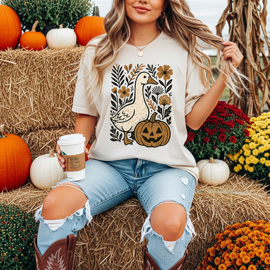 Goose and Pumpkin Fall Shirt | Rustic Autumn Graphic Tee | Cute Farmhouse Halloween Top